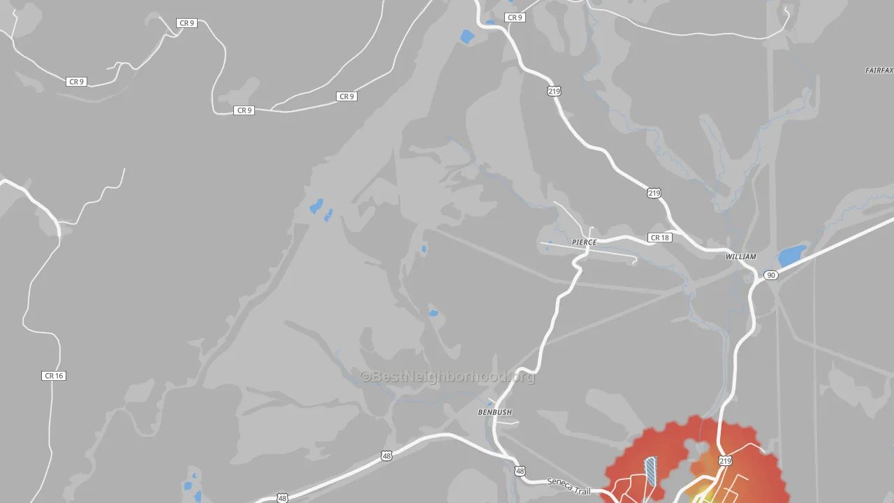Walk Grade map of Pierce, WV, walkable areas in green and car-dependent areas in red