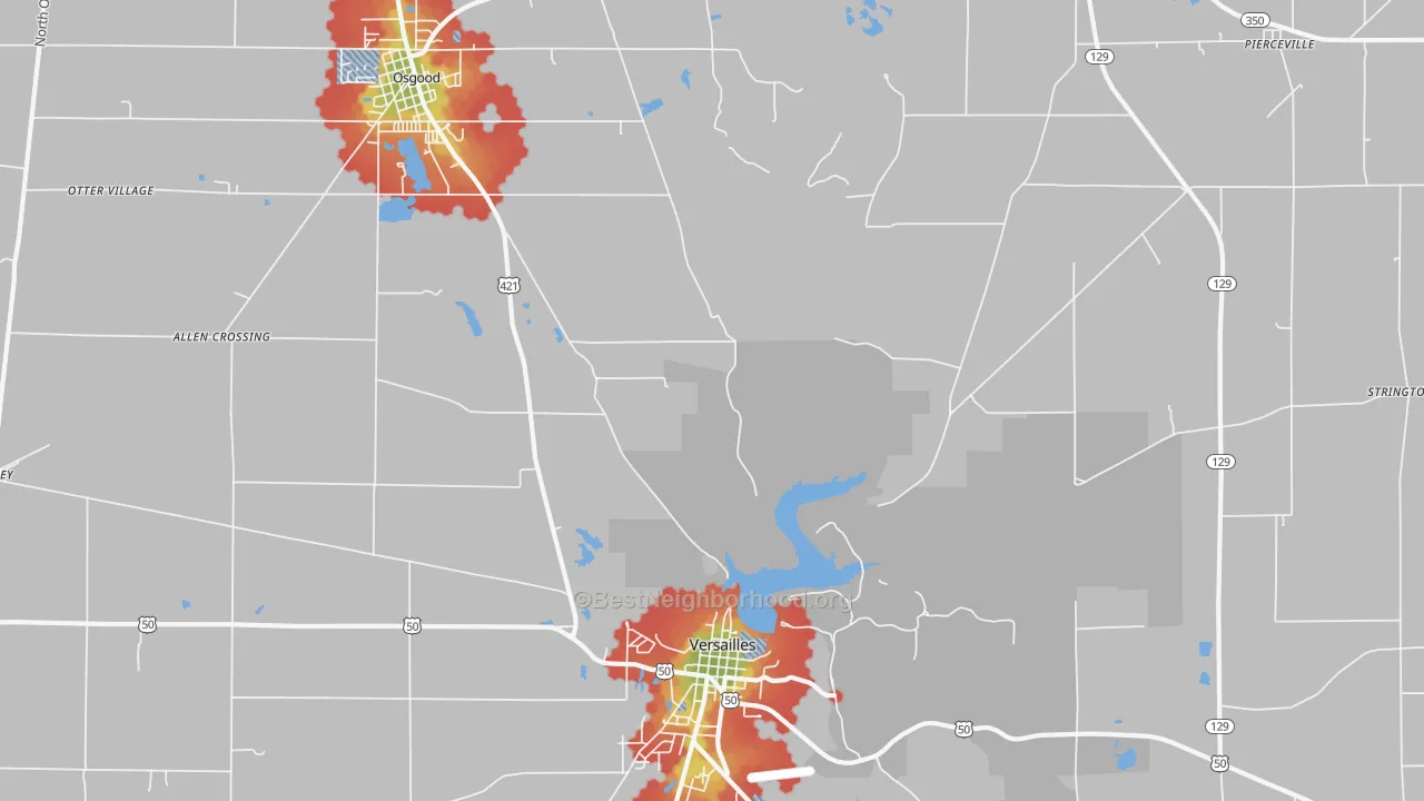 Walk Grade map of Pierceville, IN, walkable areas in green and car-dependent areas in red