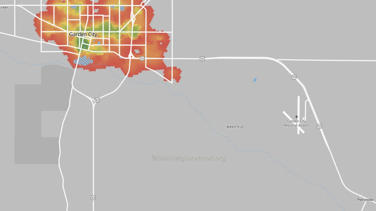 Walk Grade map of Pierceville, KS, walkable areas in green and car-dependent areas in red