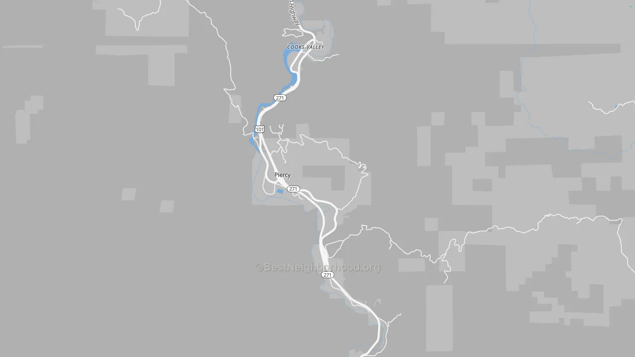 Walk Grade map of Piercy, CA, walkable areas in green and car-dependent areas in red