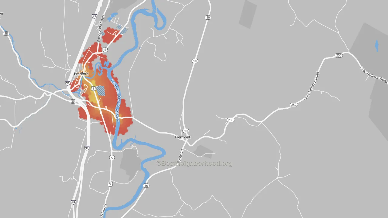 Walk Grade map of Piermont, NH, walkable areas in green and car-dependent areas in red