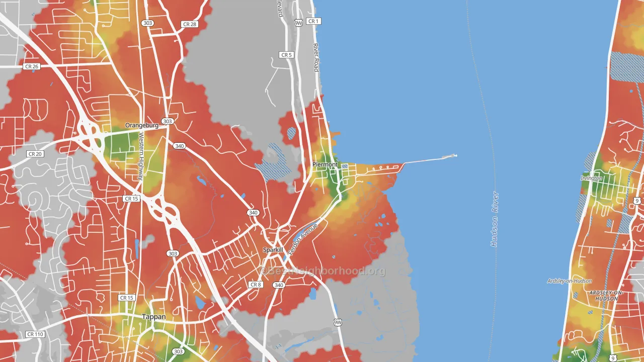 Walk Grade map of Piermont, NY, walkable areas in green and car-dependent areas in red
