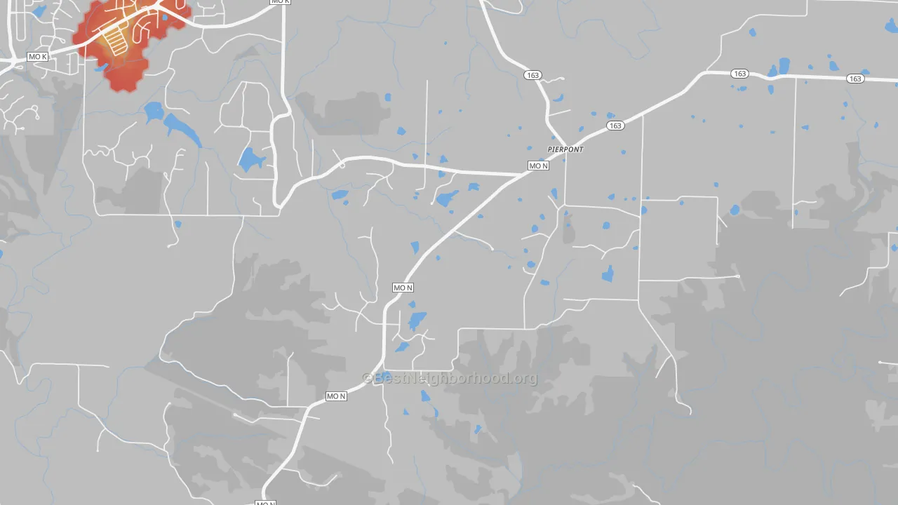 Walk Grade map of Pierpont, MO, walkable areas in green and car-dependent areas in red