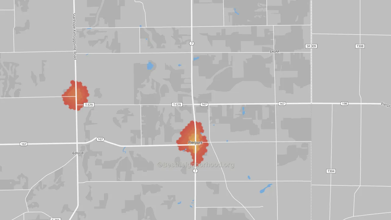 Walk Grade map of Pierpont, OH, walkable areas in green and car-dependent areas in red