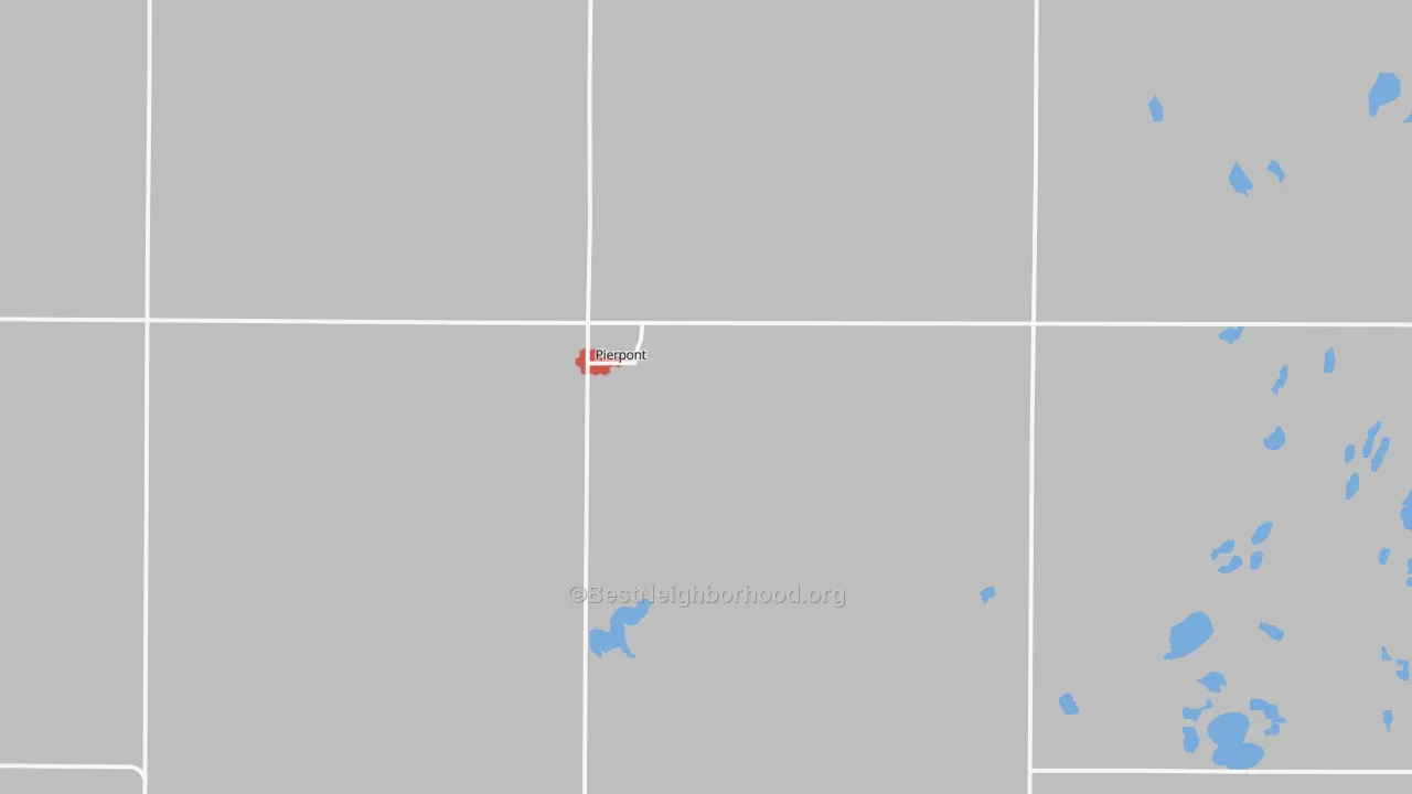 Walk Grade map of Pierpont, SD, walkable areas in green and car-dependent areas in red