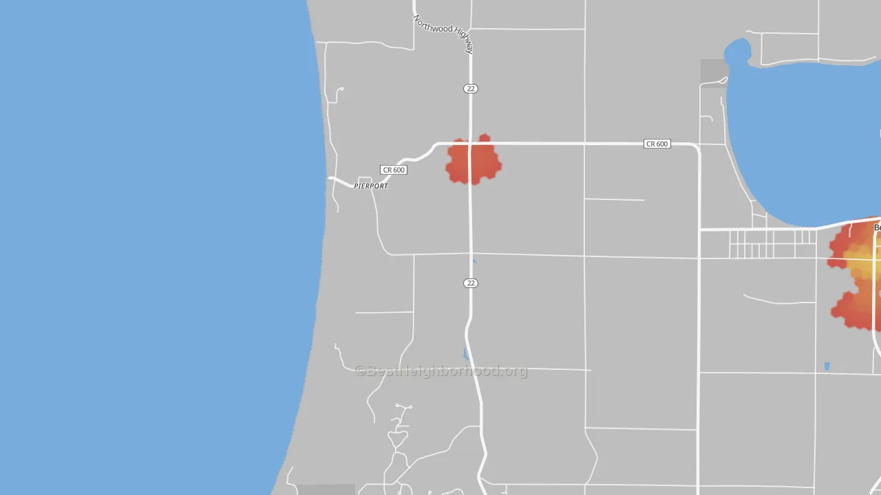 Walk Grade map of Pierport, MI, walkable areas in green and car-dependent areas in red
