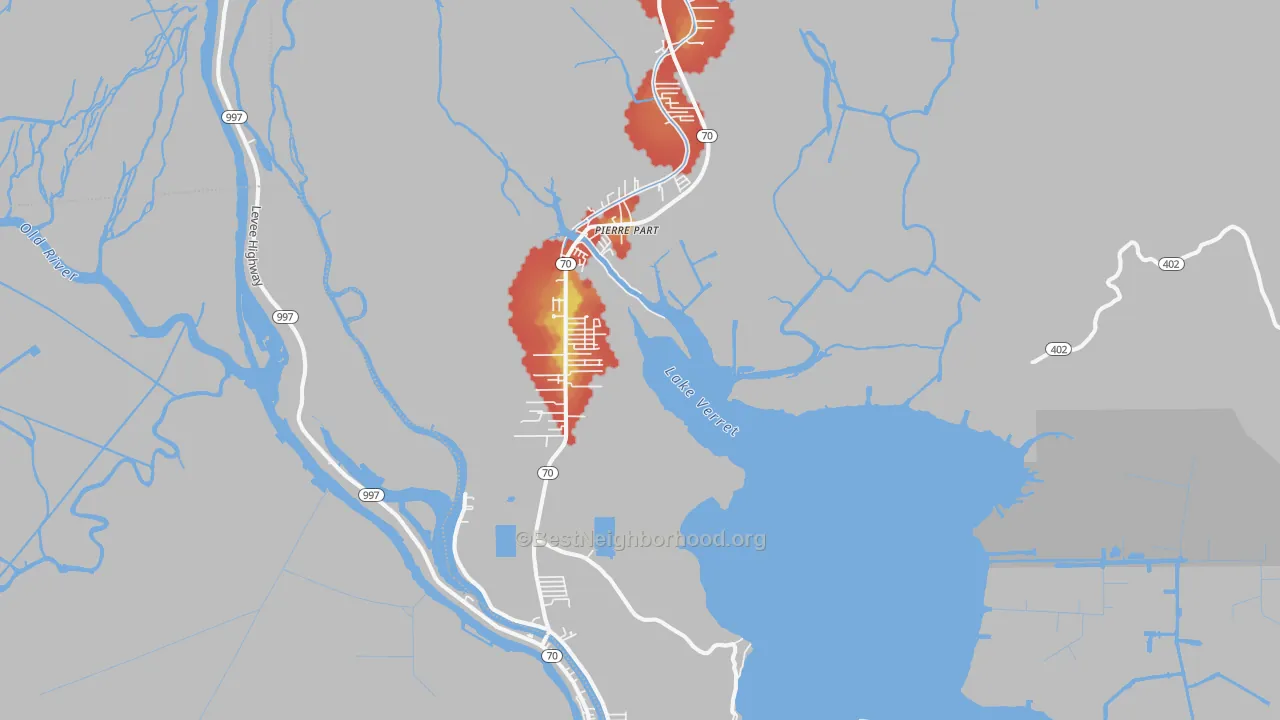 Walk Grade map of Pierre Part, LA, walkable areas in green and car-dependent areas in red
