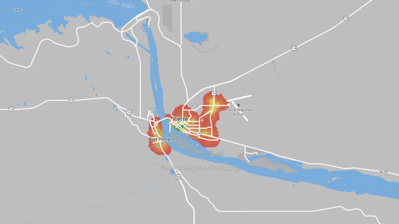 Walk Grade map of Pierre, SD, walkable areas in green and car-dependent areas in red
