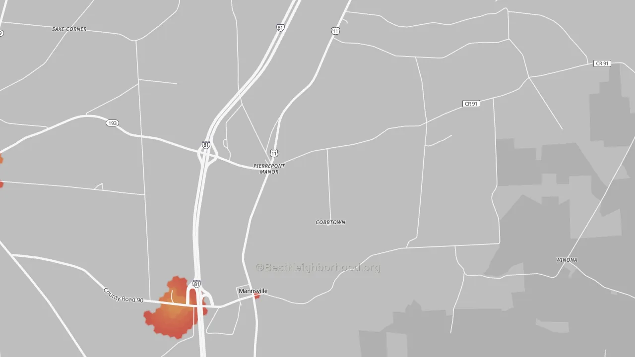 Walk Grade map of Pierrepont Manor, NY, walkable areas in green and car-dependent areas in red