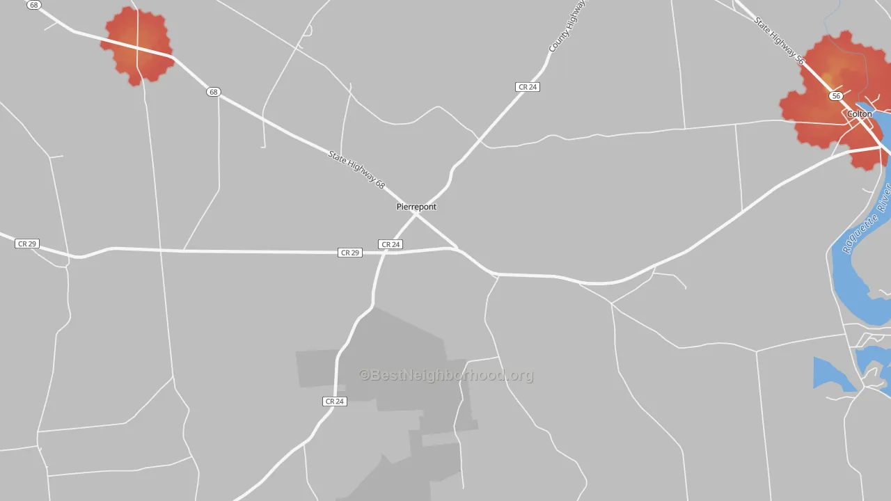Walk Grade map of Pierrepont, NY, walkable areas in green and car-dependent areas in red