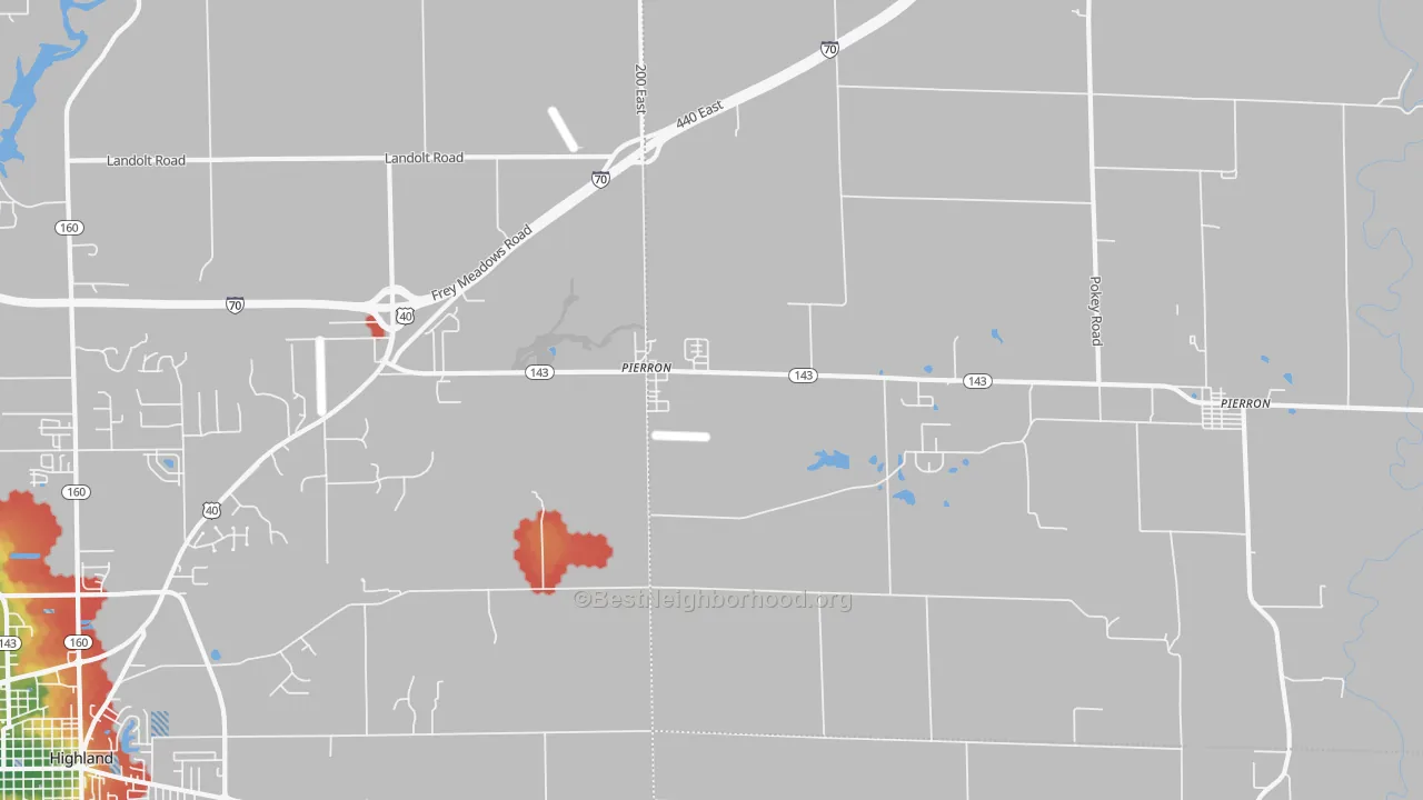 Walk Grade map of Pierron, IL, walkable areas in green and car-dependent areas in red