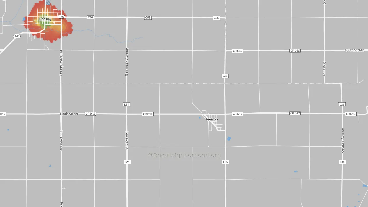 Walk Grade map of Pierson, IA, walkable areas in green and car-dependent areas in red