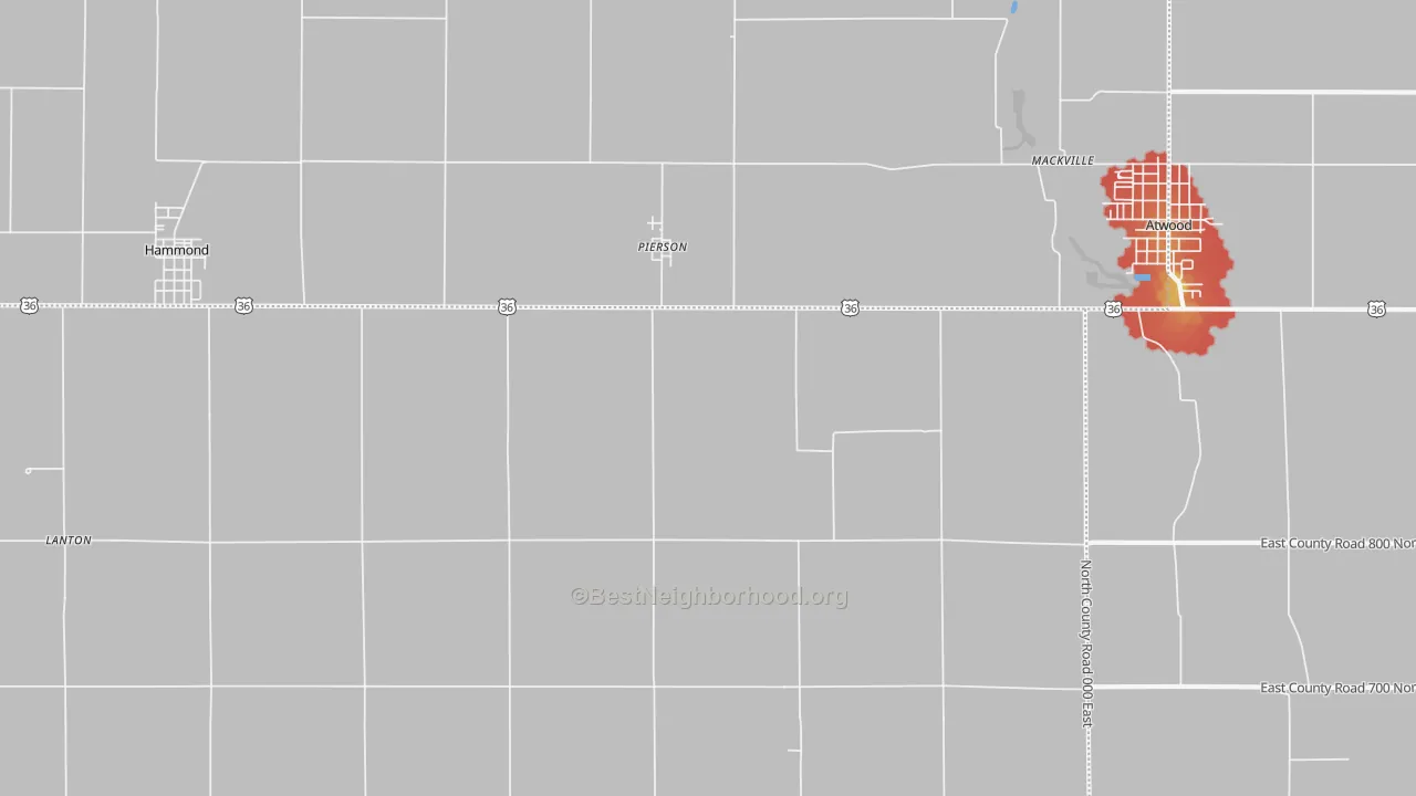 Walk Grade map of Pierson, IL, walkable areas in green and car-dependent areas in red