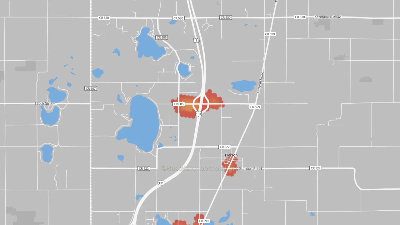 Walk Grade map of Pierson, MI, walkable areas in green and car-dependent areas in red