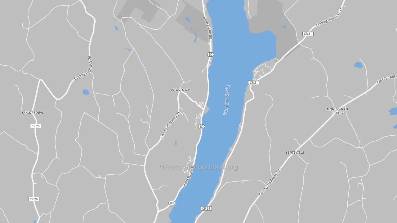 Walk Grade map of Pierstown, NY, walkable areas in green and car-dependent areas in red