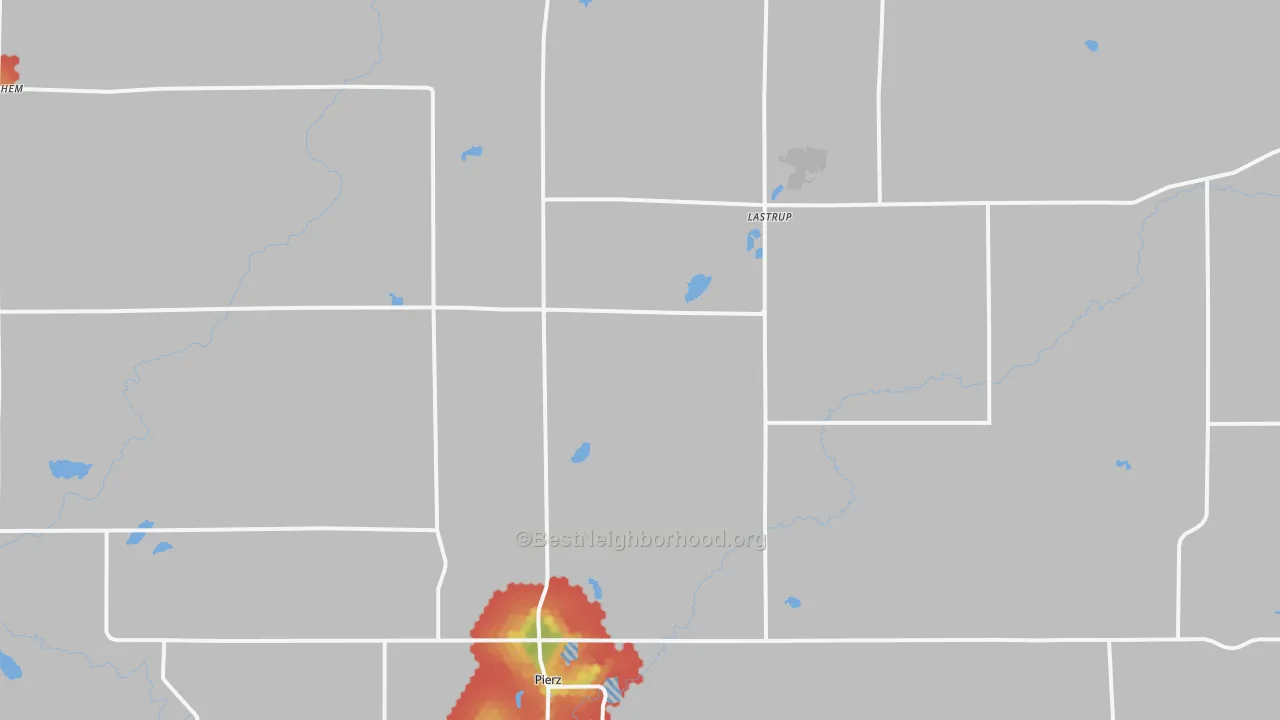 Walk Grade map of Pierz, MN, walkable areas in green and car-dependent areas in red
