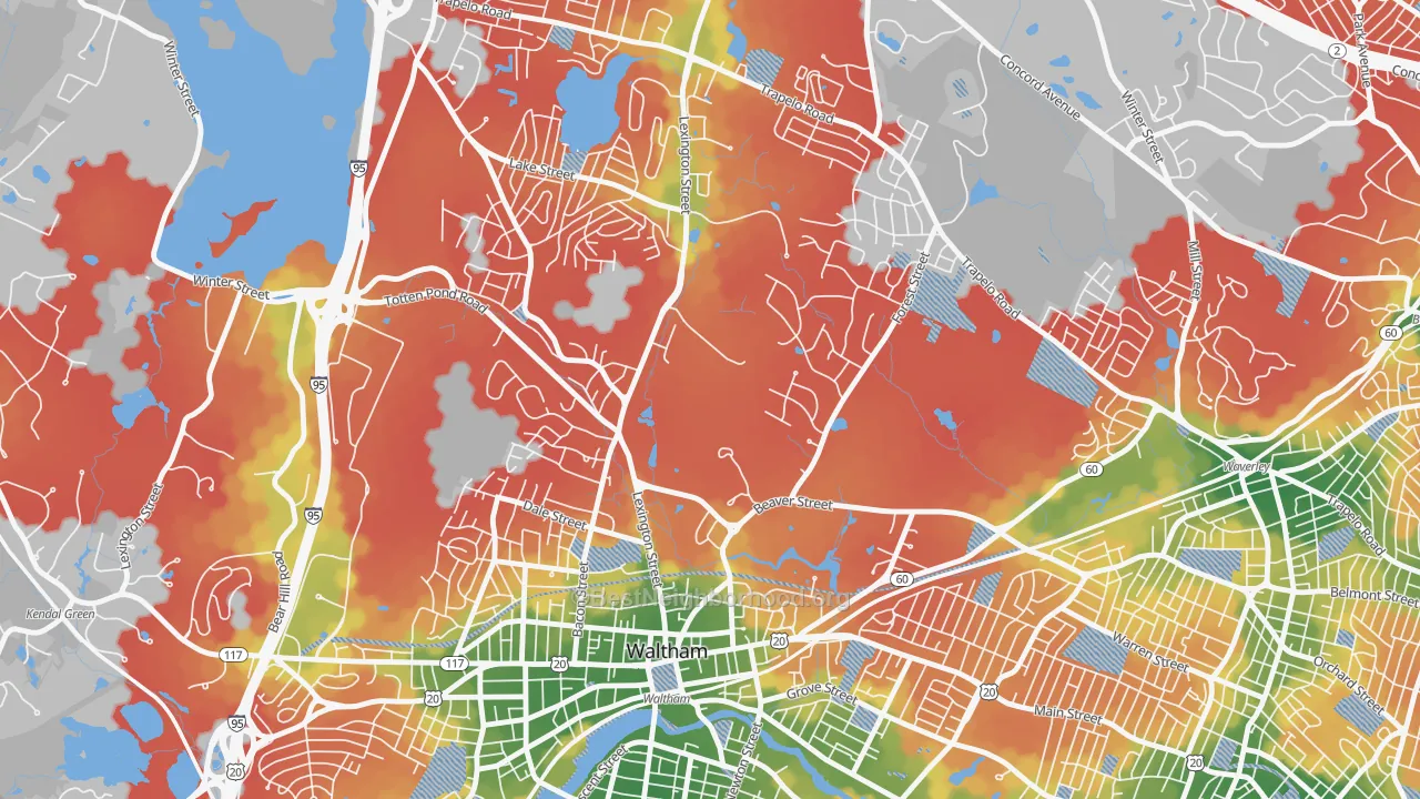 Walk Grade map of Piety Corner, Waltham, MA, walkable areas in green and car-dependent areas in red