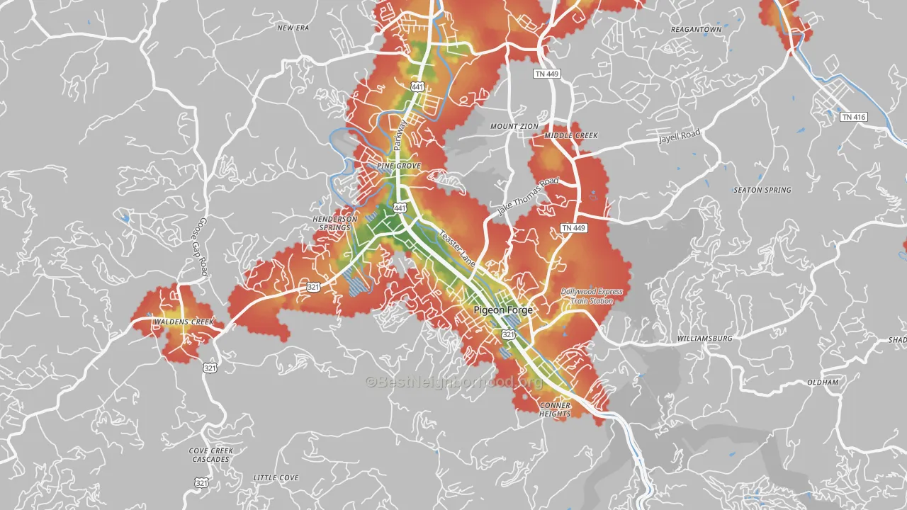 Walk Grade map of Pigeon Forge, TN, walkable areas in green and car-dependent areas in red
