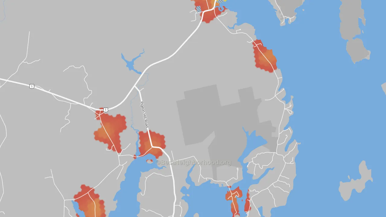 Walk Grade map of Pigeon Hill, ME, walkable areas in green and car-dependent areas in red