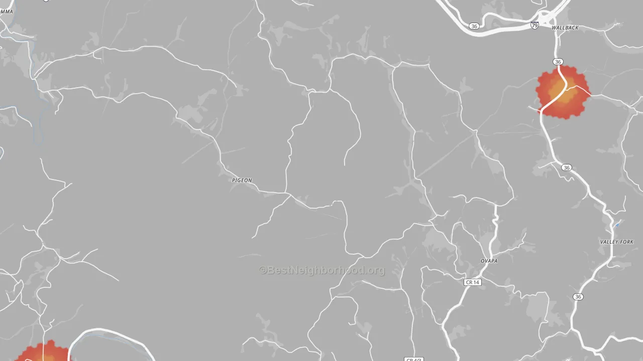 Walk Grade map of Pigeon, WV, walkable areas in green and car-dependent areas in red