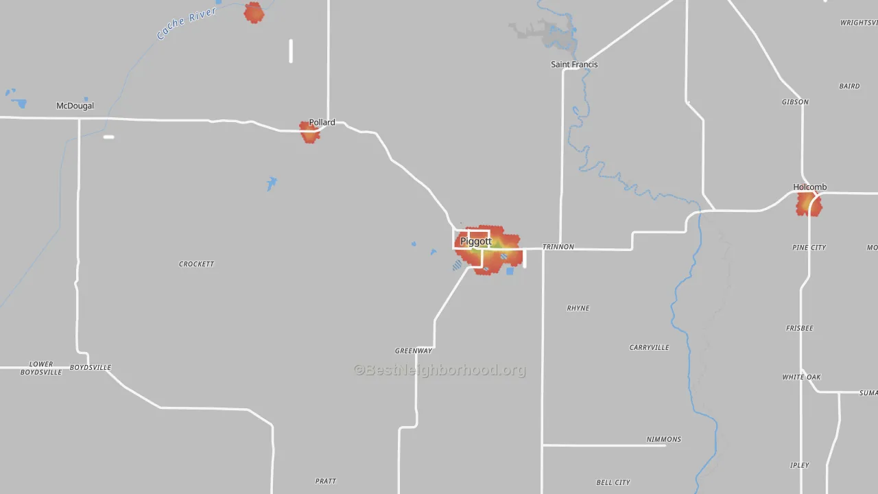 Walk Grade map of Piggott, AR, walkable areas in green and car-dependent areas in red