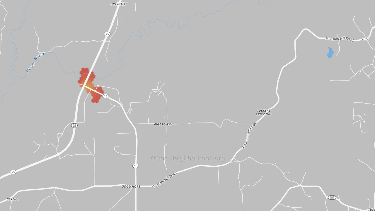 Walk Grade map of Piggtown, MS, walkable areas in green and car-dependent areas in red