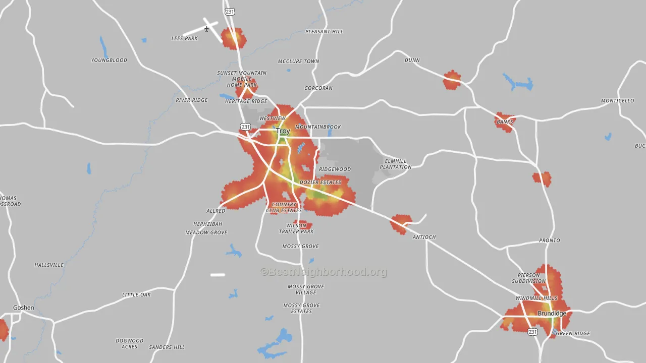 Walk Grade map of Pike County, AL, walkable areas in green and car-dependent areas in red