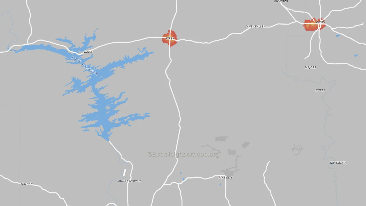 Walk Grade map of Pike County, AR, walkable areas in green and car-dependent areas in red
