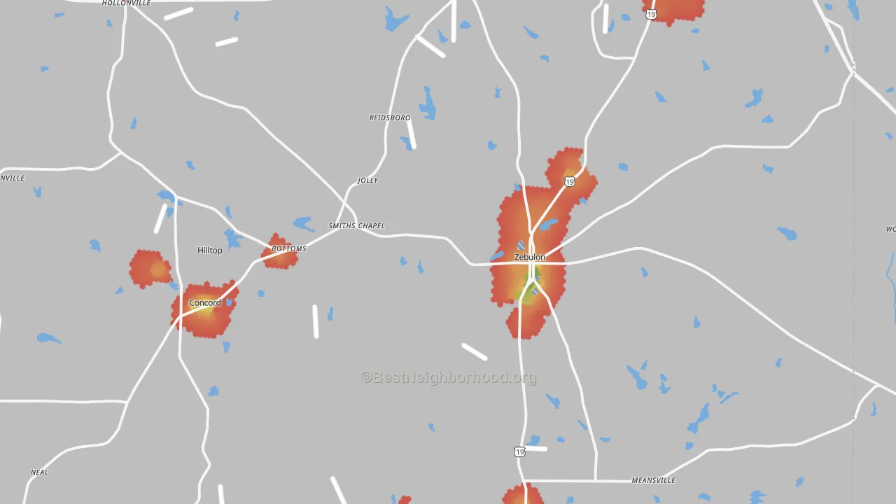Walk Grade map of Pike County, GA, walkable areas in green and car-dependent areas in red