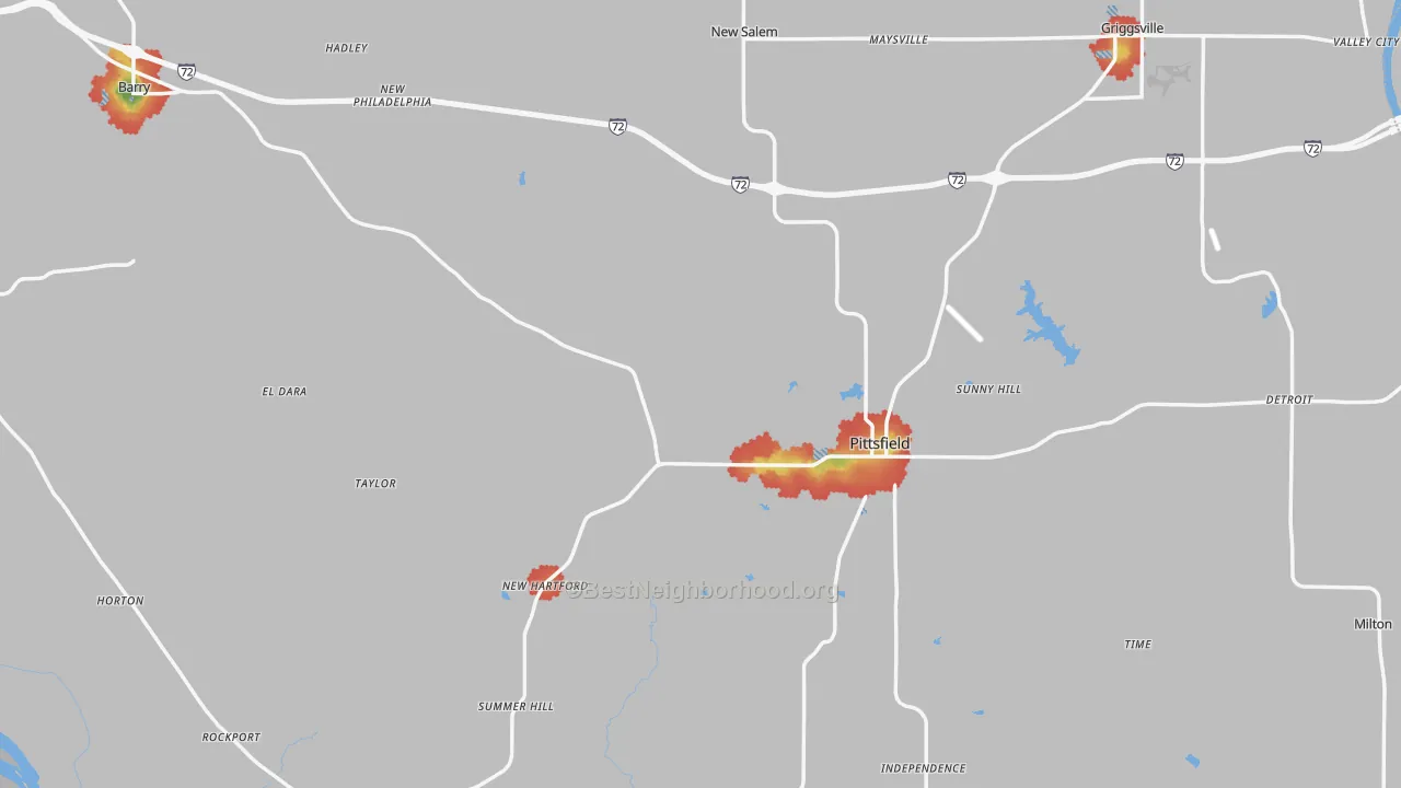 Walk Grade map of Pike County, IL, walkable areas in green and car-dependent areas in red