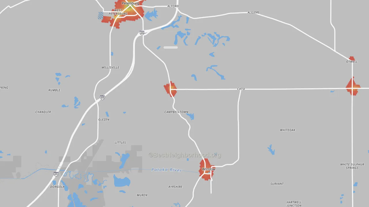 Walk Grade map of Pike County, IN, walkable areas in green and car-dependent areas in red