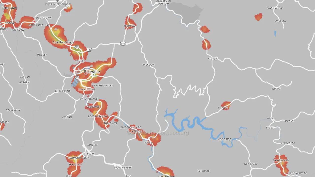 Walk Grade map of Pike County, KY, walkable areas in green and car-dependent areas in red