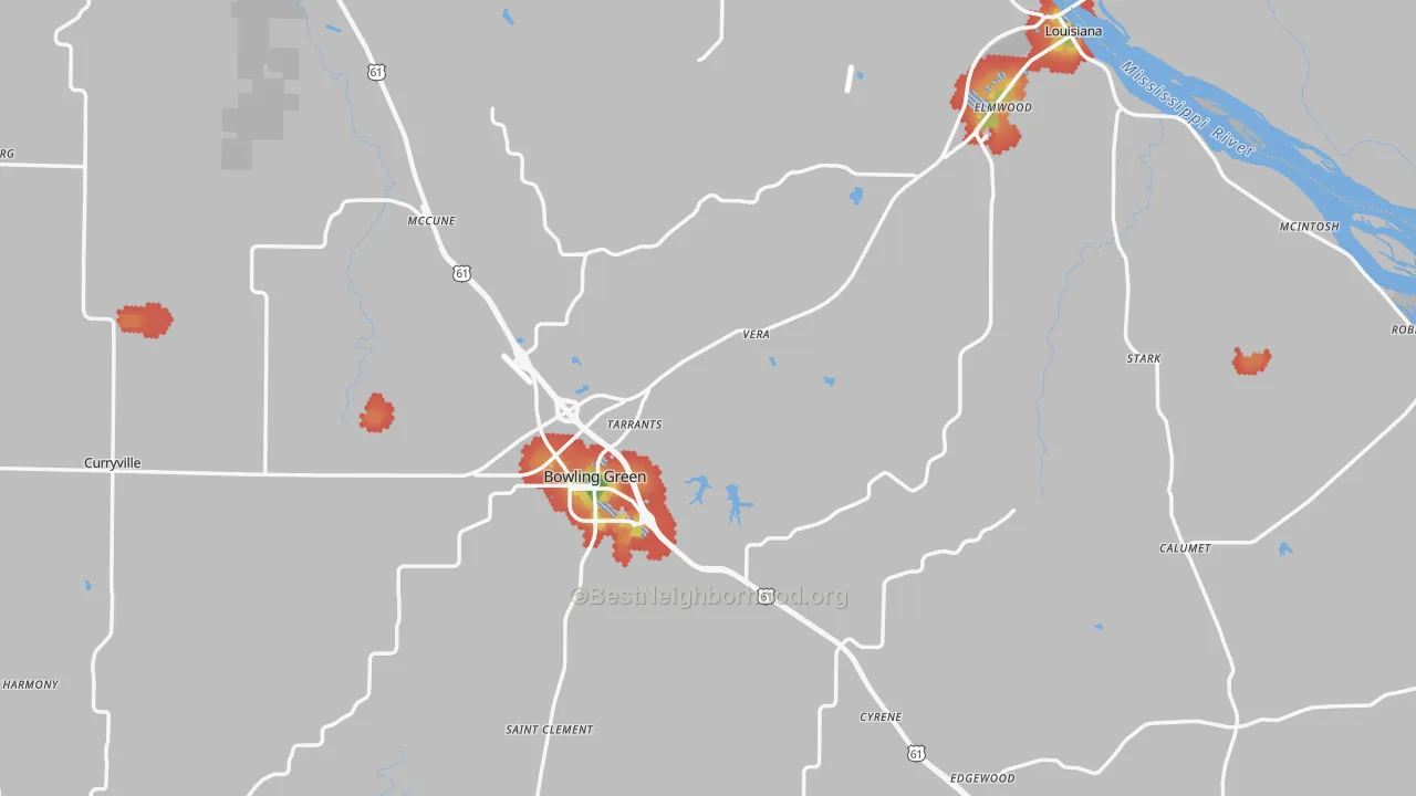 Walk Grade map of Pike County, MO, walkable areas in green and car-dependent areas in red