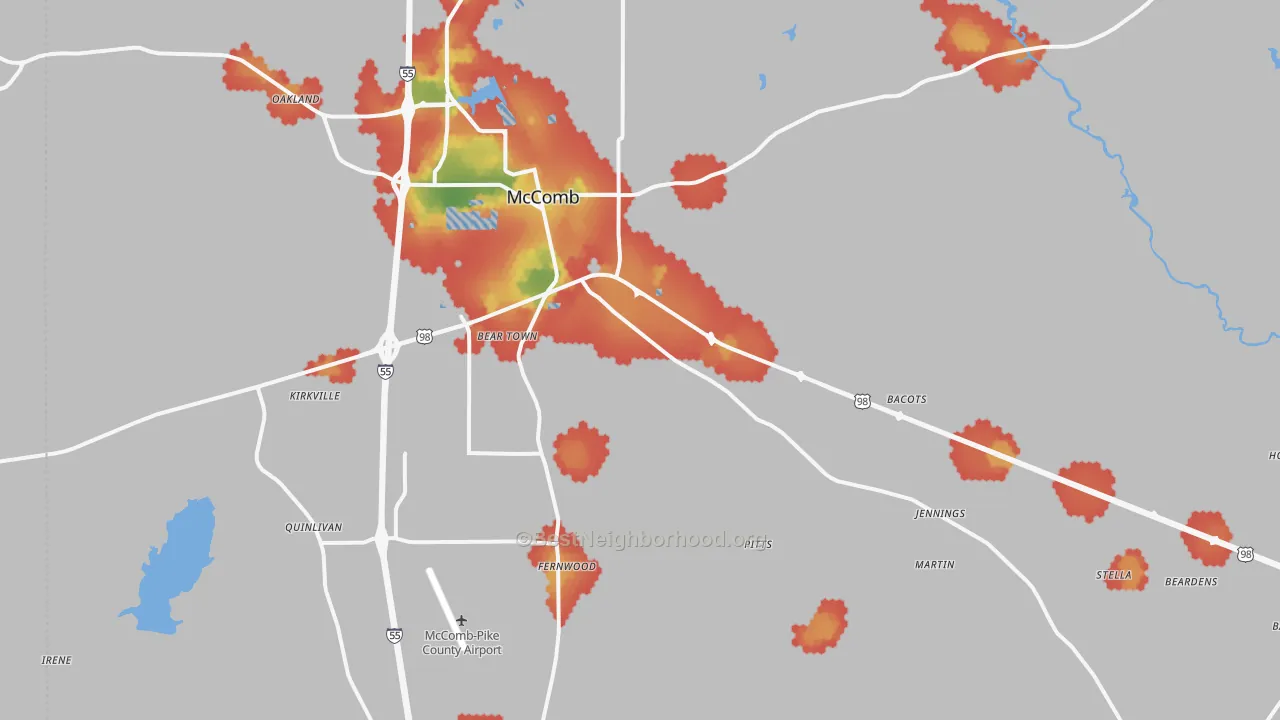 Walk Grade map of Pike County, MS, walkable areas in green and car-dependent areas in red