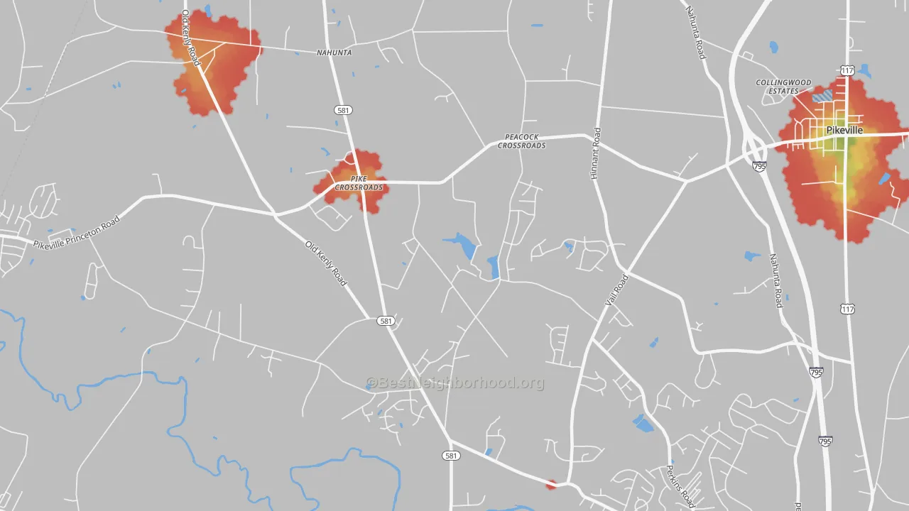 Walk Grade map of Pike Crossroads, NC, walkable areas in green and car-dependent areas in red