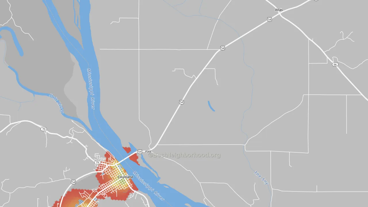 Walk Grade map of Pike, IL, walkable areas in green and car-dependent areas in red