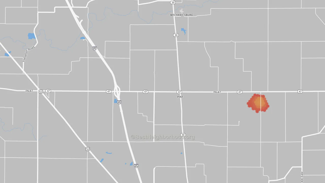 Walk Grade map of Pike, IN, walkable areas in green and car-dependent areas in red