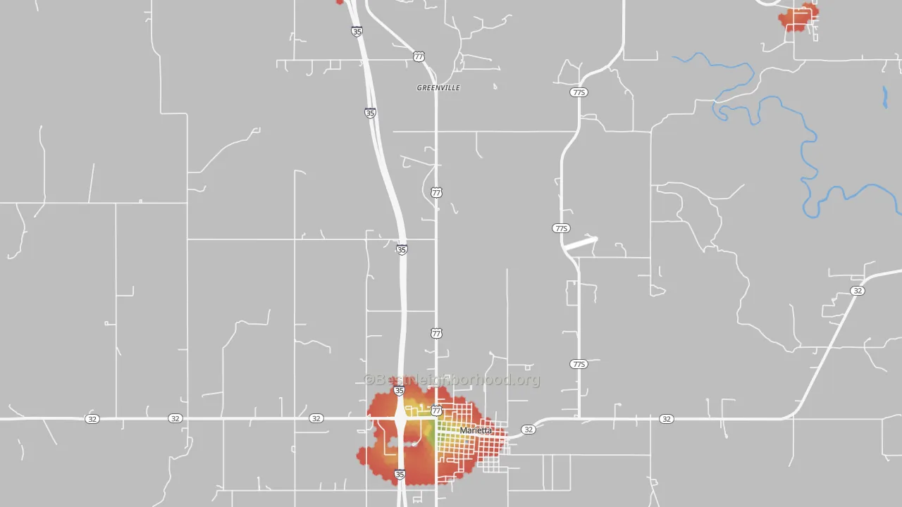 Walk Grade map of Pike, OK, walkable areas in green and car-dependent areas in red