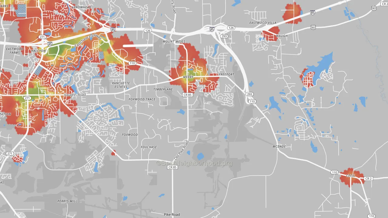 Walk Grade map of Pike Road, AL, walkable areas in green and car-dependent areas in red