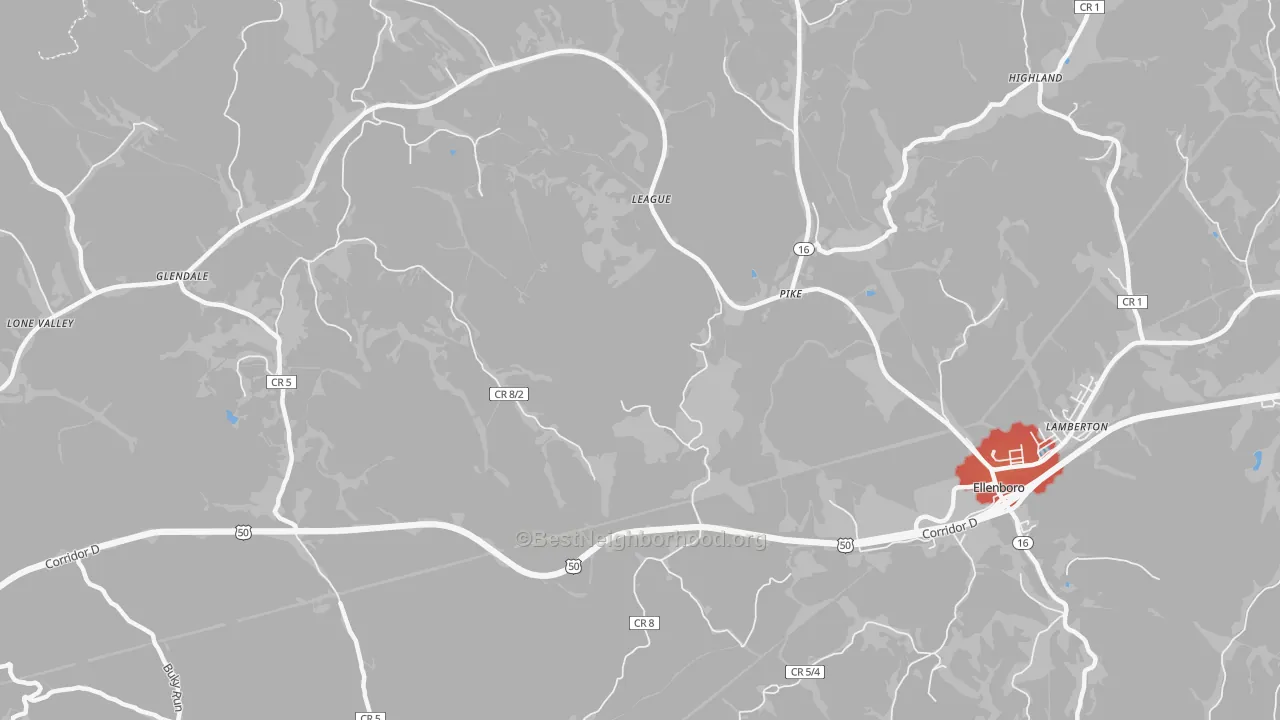 Walk Grade map of Pike, WV, walkable areas in green and car-dependent areas in red