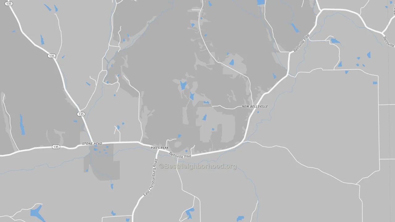 Walk Grade map of Pikes Peak, IN, walkable areas in green and car-dependent areas in red