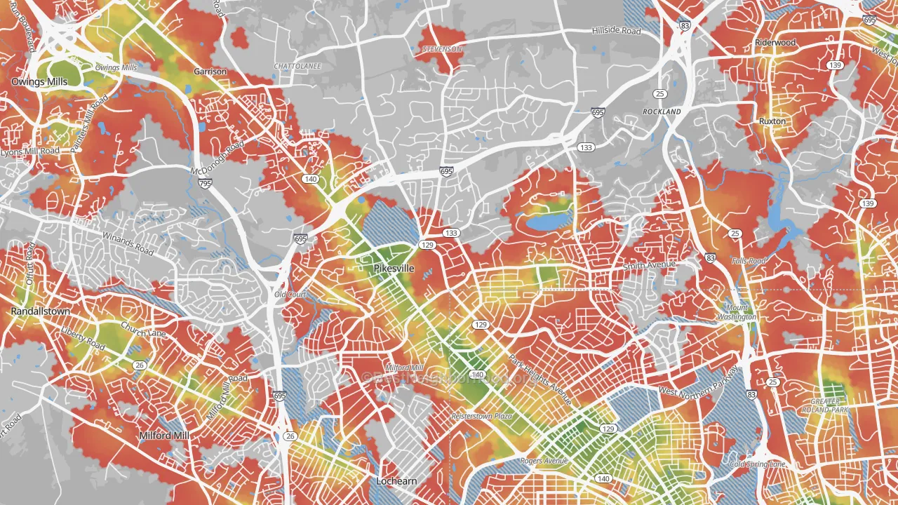 Walk Grade map of Pikesville, MD, walkable areas in green and car-dependent areas in red