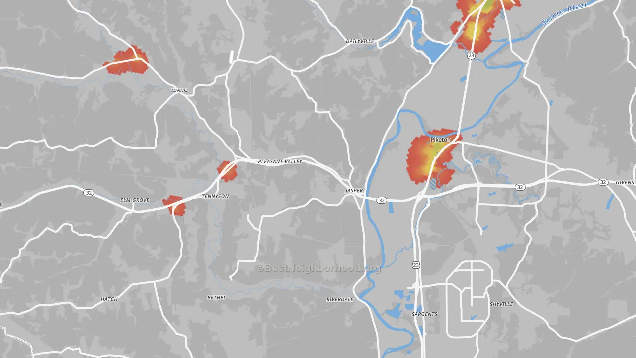 Walk Grade map of Piketon, OH, walkable areas in green and car-dependent areas in red