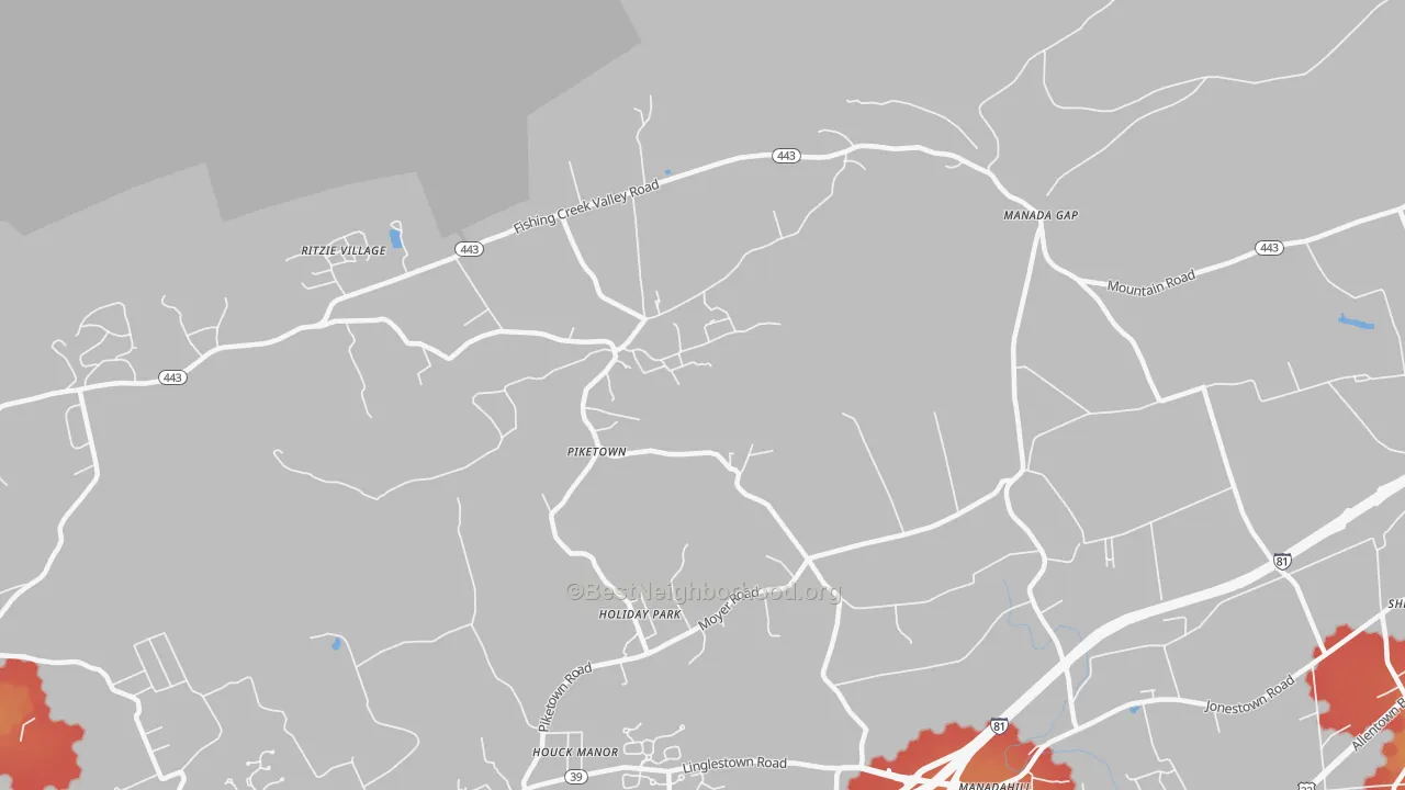 Walk Grade map of Piketown, PA, walkable areas in green and car-dependent areas in red