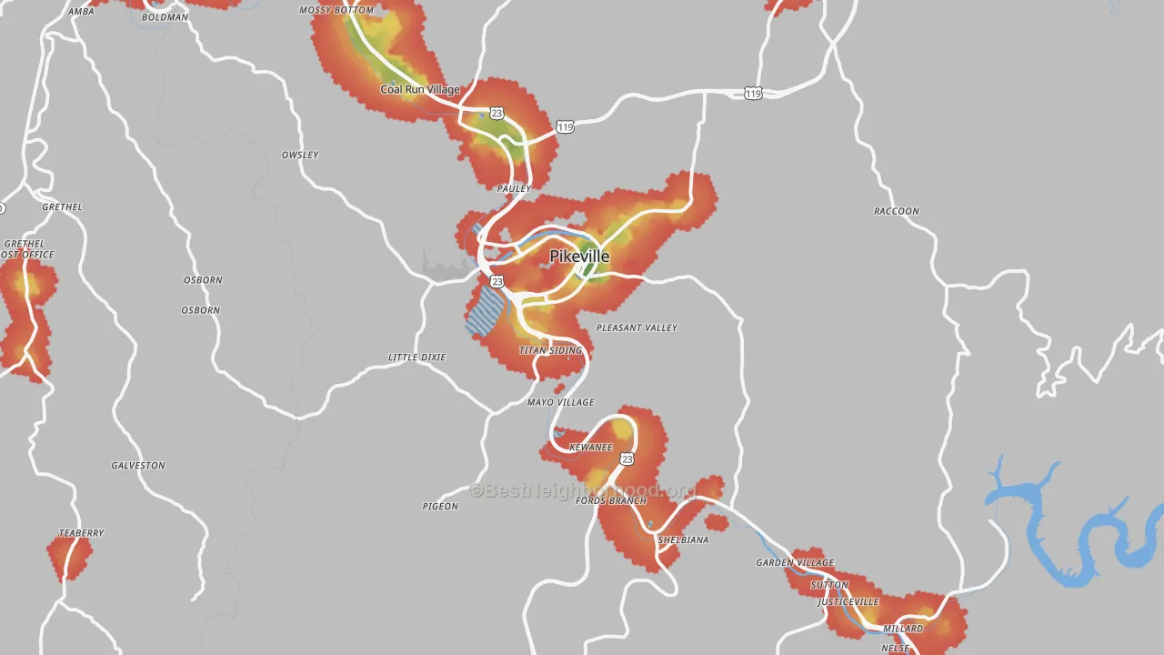 Walk Grade map of Pikeville, KY, walkable areas in green and car-dependent areas in red