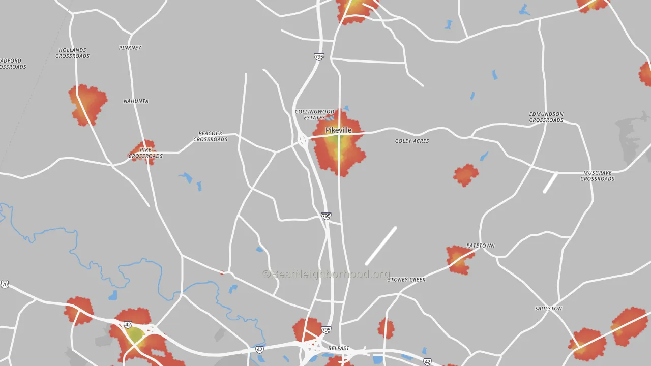 Walk Grade map of Pikeville, NC, walkable areas in green and car-dependent areas in red