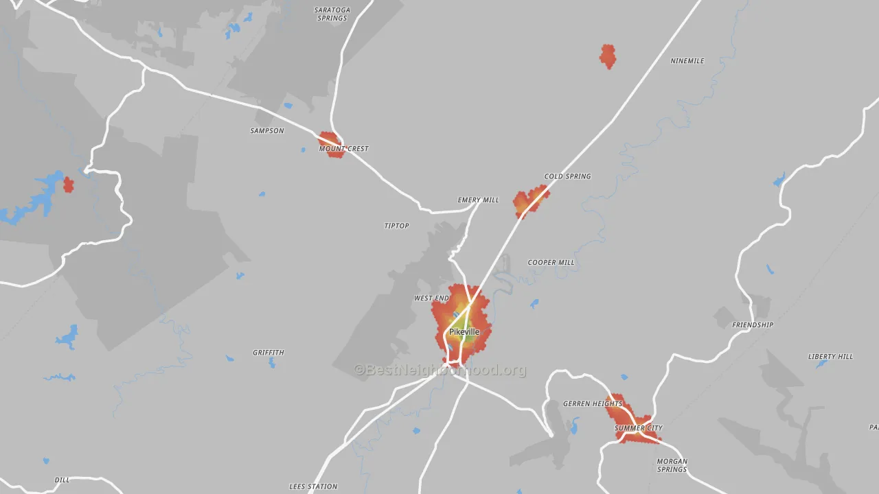 Walk Grade map of Pikeville, TN, walkable areas in green and car-dependent areas in red
