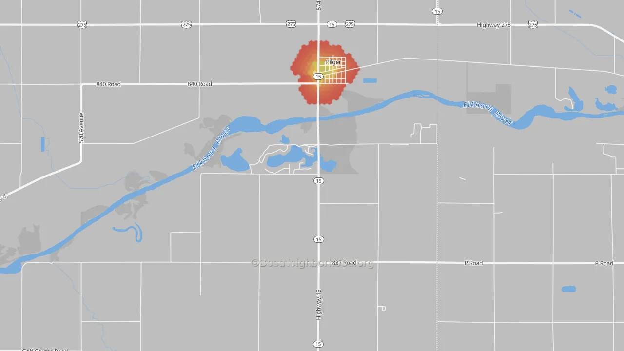 Walk Grade map of Pilger, NE, walkable areas in green and car-dependent areas in red