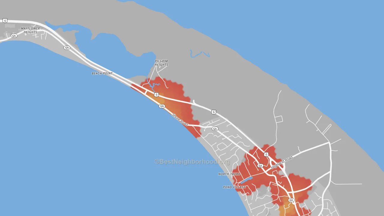 Walk Grade map of Pilgrim Heights, MA, walkable areas in green and car-dependent areas in red
