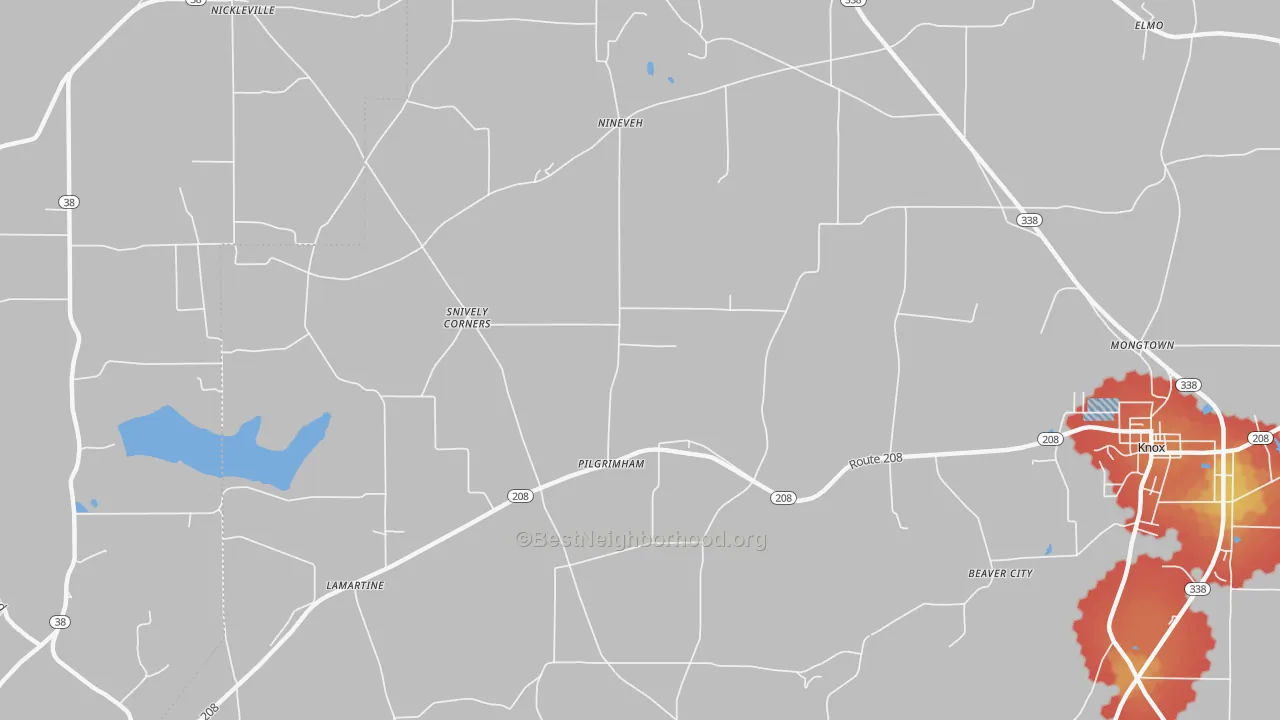 Walk Grade map of Pilgrimham, PA, walkable areas in green and car-dependent areas in red